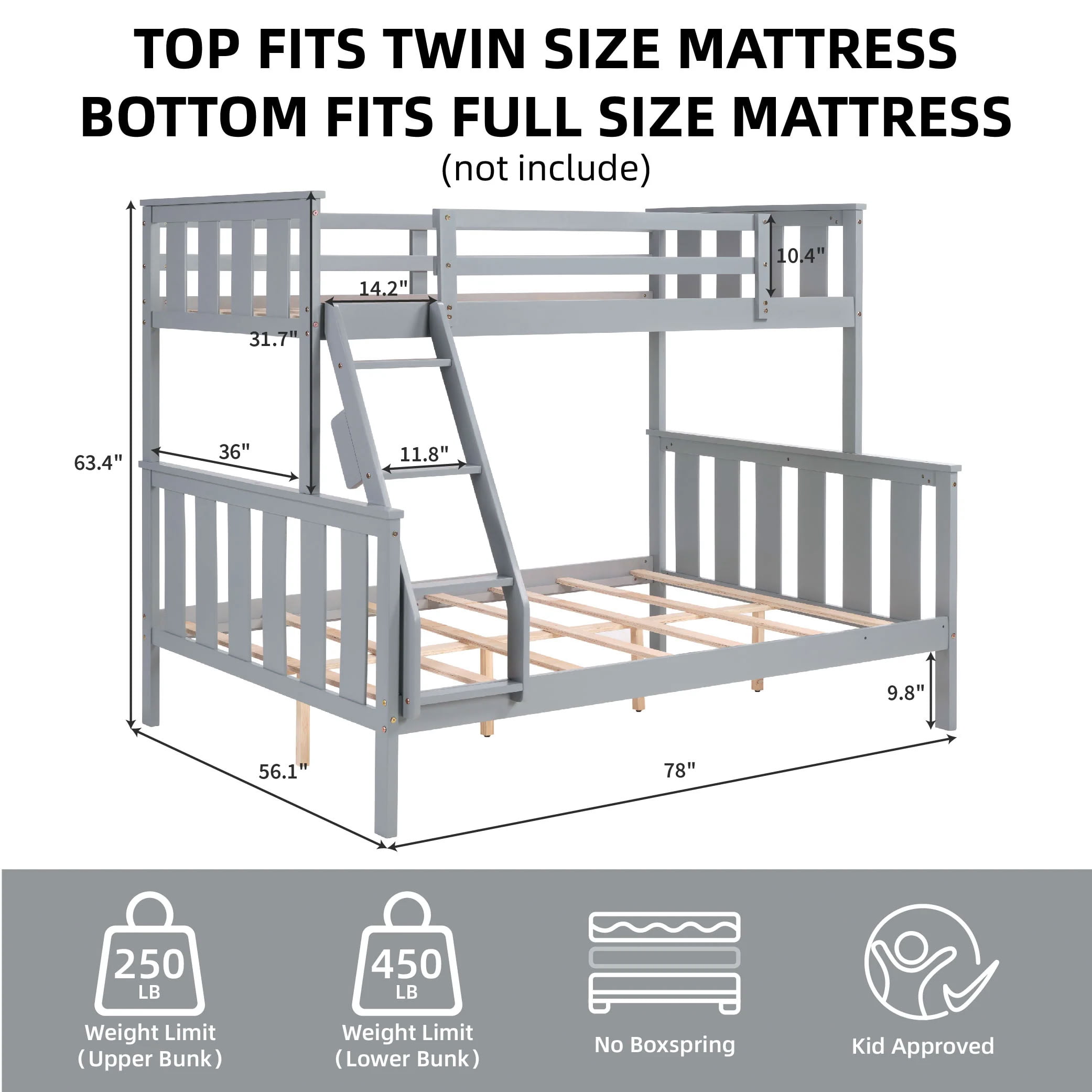 MAYEERTY Twin over Full Bunk Bed with Flexible Ladder, Solid Wood Bed Frame with High Guardrails, Space-Saving for Kids Teens and Dorm Rooms