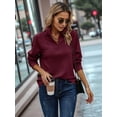thumbnail image 4 of Womens Long Sleeve Quarter Zip Pullover Sweater Casual Loose V Neck Collared Ribbed Knit Jumper Tops Wine Red L, 4 of 8