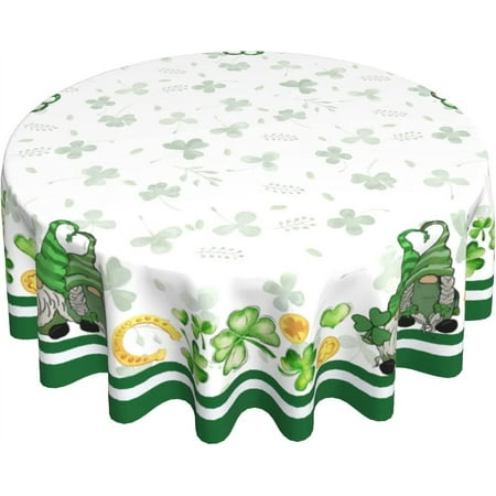 

St Patricks Day Tablecloth Round 60 Inch Shamrock Tablecloth Polyester Washable Green Irish Clover Coins Gnome Decorative Table Cloth Table Cover for Kitchen Dining Room Picnic Patio Party
