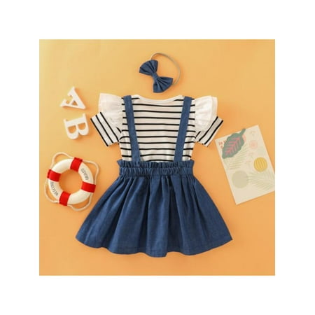 

Lemetow Baby Girl Dress Stripe Rompers Strap Skirt Overall Outfits Children Clothes Set 3Pcs