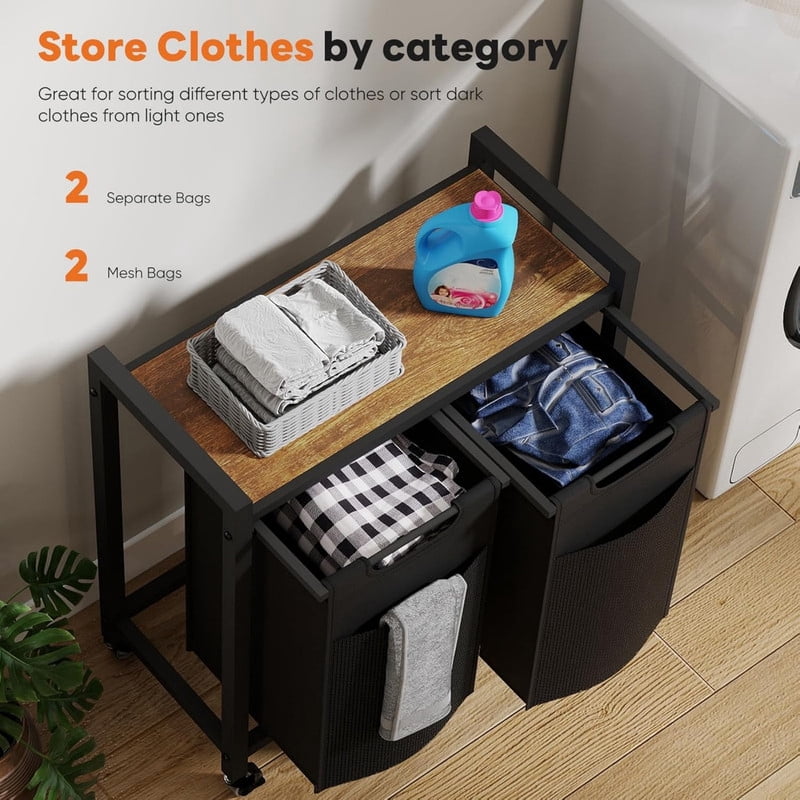 Kelno Laundry Sorter Rolling Laundry Basket with 2 Removable Bags Lockable Wheels Top Shelf, Black
