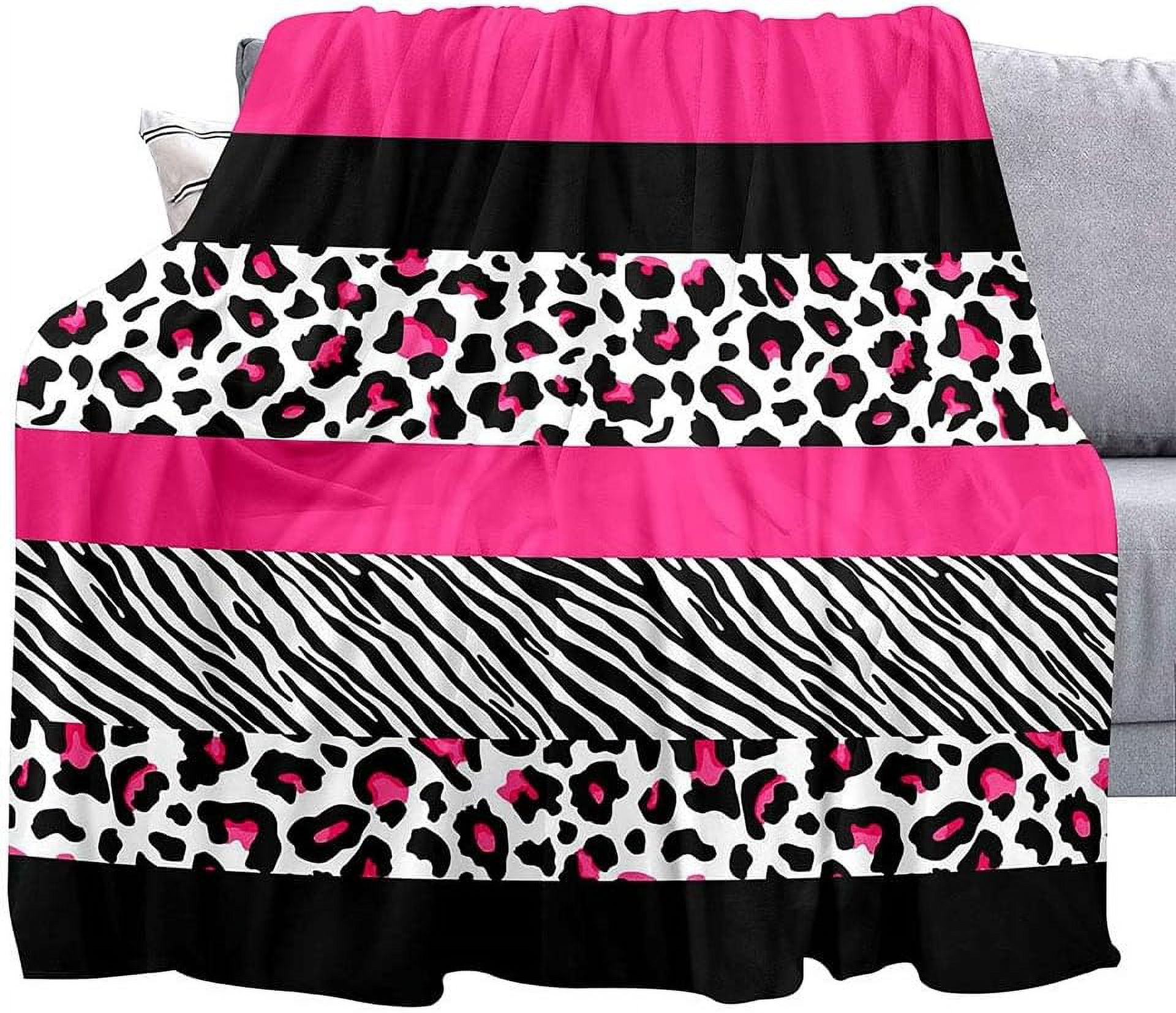 Hot Pink Leopard Throw Blanket, Cheetah Print Blanket, Black and White Zebra Print Blanket, Cozy Warm Lightweight Soft Fluffy Fuzzy Plush Flannel Fleece Blanket for Couch, Sofa, 50"x60"