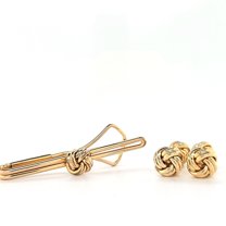 Set of Elegant Vintage Gold Plated Classic Knot Design Cufflinks & Tie Bar