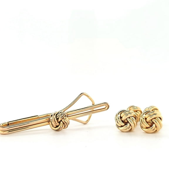 Set of Elegant Vintage Gold Plated Classic Knot Design Cufflinks & Tie Bar
