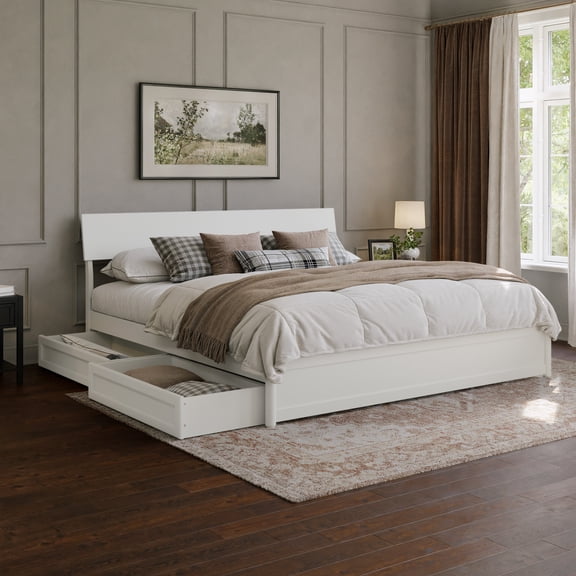 Norla King Wood Platform Bed with Footboard and Drawers in White