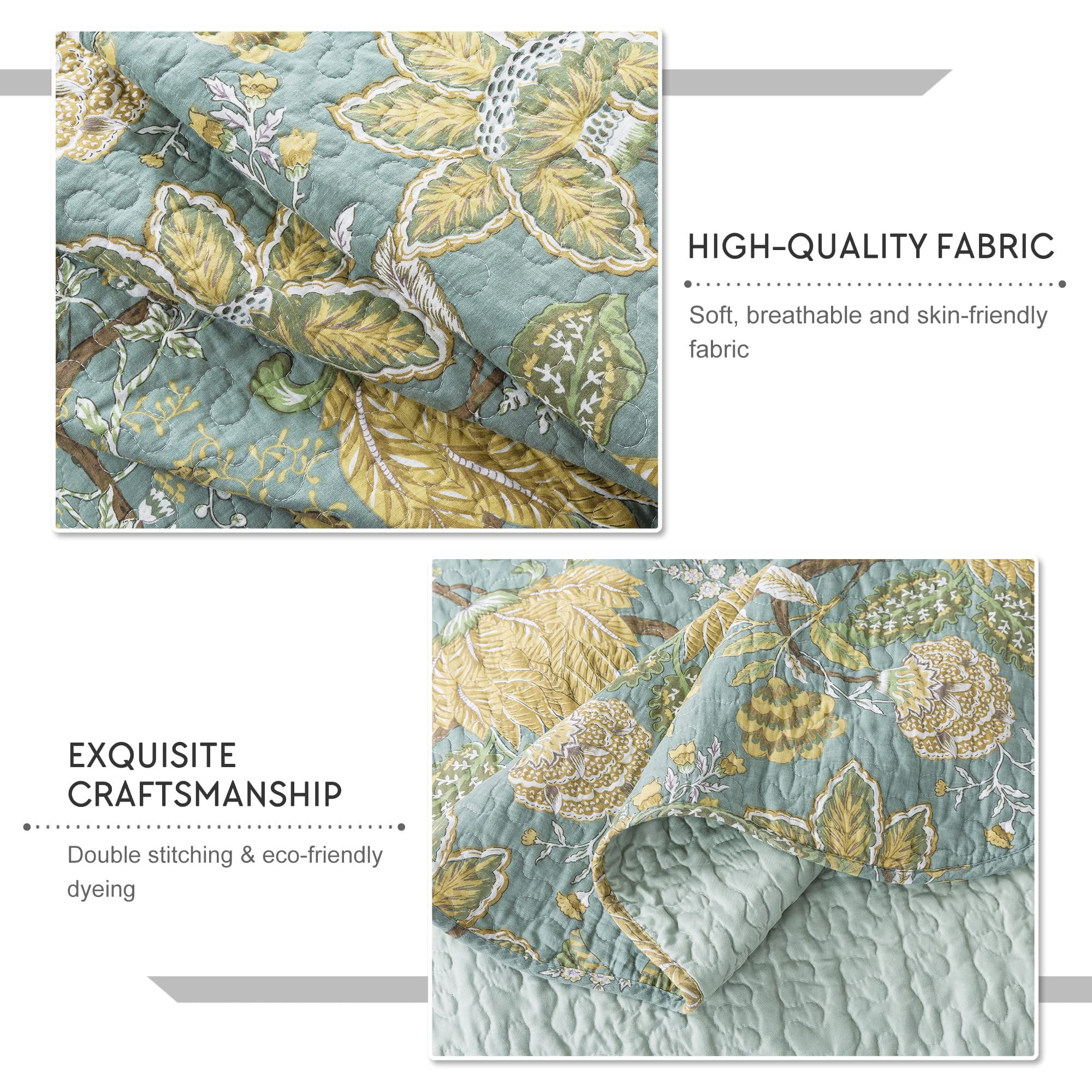 WannaToo Queen Size Quilt Comforter Cotton Bedding Set With Shams, Green