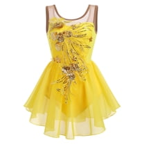 IBTOM CASTLE Women Ice Figure Skating Dress Ballet Dance Leotard Gymnastics Sequin Embroidery Gradient Chiffon Dress Dancewear XL Yellow
