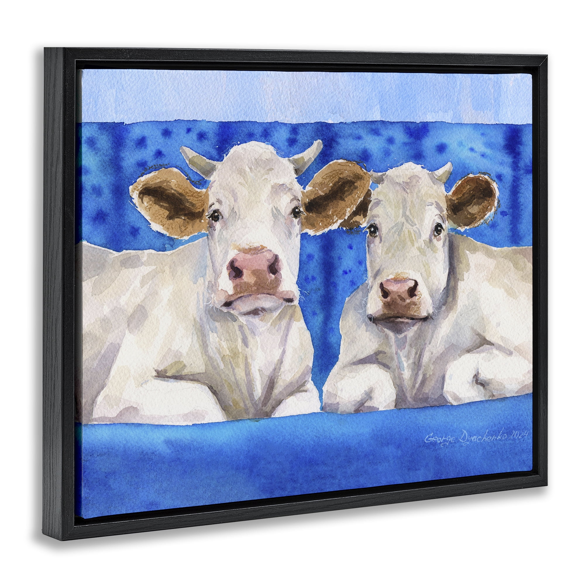 Stupell Industries White Cows on Blue Sofa Black Framed Floater Canvas Wall Art, design by George Dyachenko