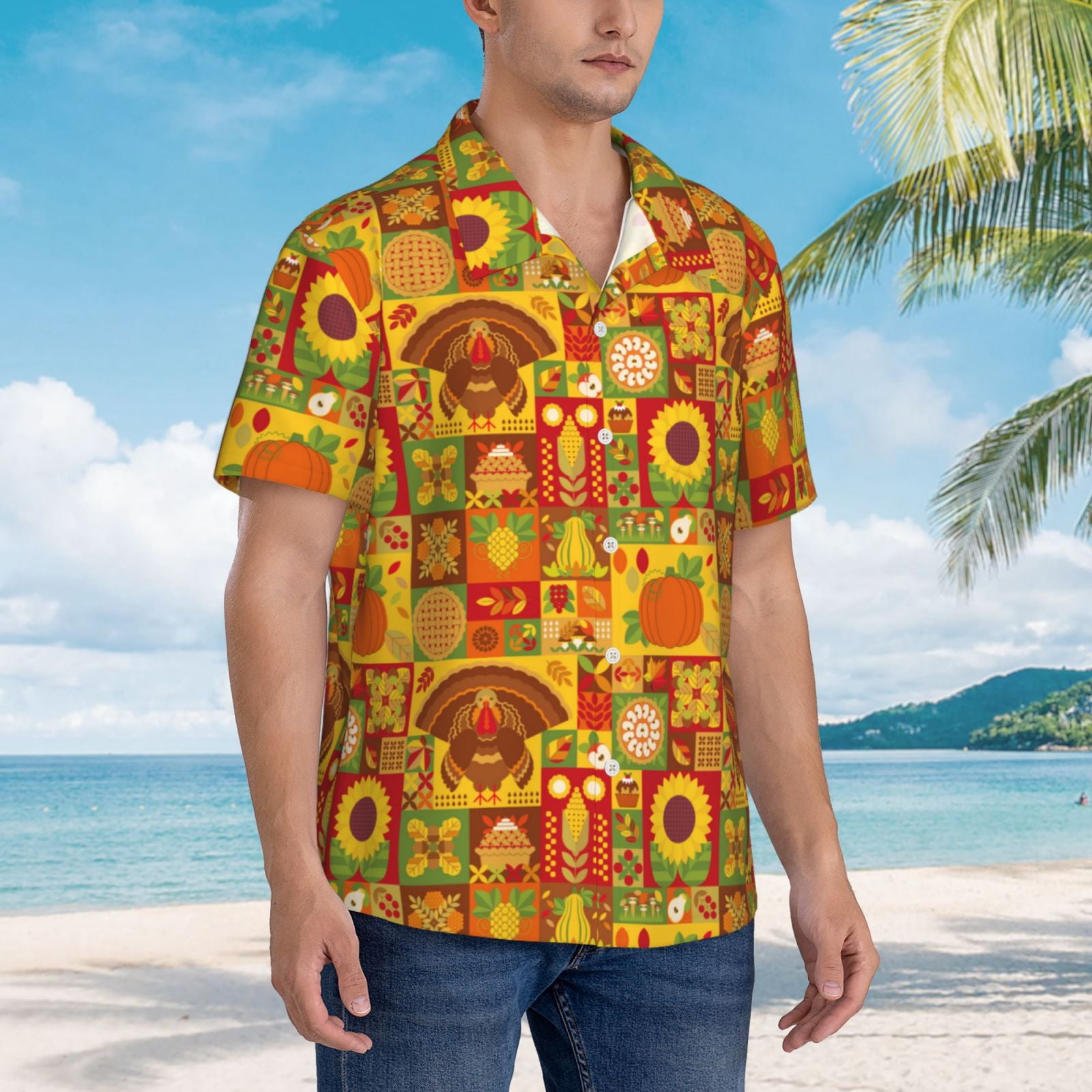 Logiee Thanksgiving Day Print Mens Hawaiian Shirts,Loose-Fit Short Sleeve Button Down Tropical Aloha Beach Shirt,Summer Vacation Wedding Tops,Medium
