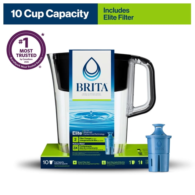Brita 10 Cup Elite Filter Pitcher with 1 Brita Elite Filter, Made Without BPA, Tahoe, Black