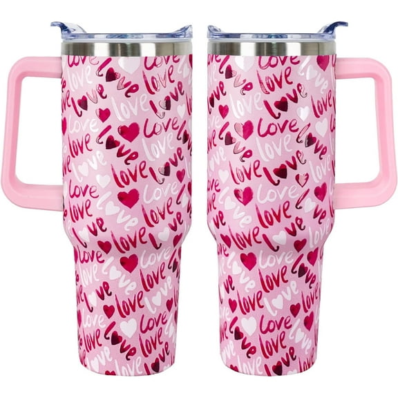 40oz Insulated Travel Tumbler - Valentine Gift for Couples, 3D-Printed Pink Love Design, Double Wall Vacuum Stainless Steel Cup with Handle, Leakproof Lid & Straw (For Women & Men)