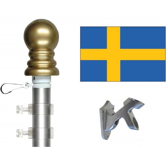 Sweden Flag and Flagpole Set, Choose an International 3'x5' Flags and Flagpoles, Includes Flags, Poles and Brackets Swedish Flag & Pole Set