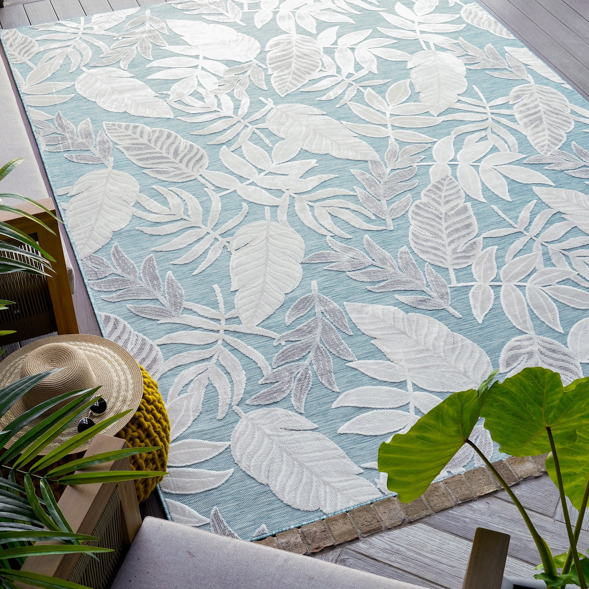 5x7 Water Resistant, Indoor Outdoor Rugs for Patios, Front Door Entry, Entryway, Deck, Porch, Balcony | Outside Area Rug for Patio | Aqua, Floral | Size: 5'1'' x 7'3''