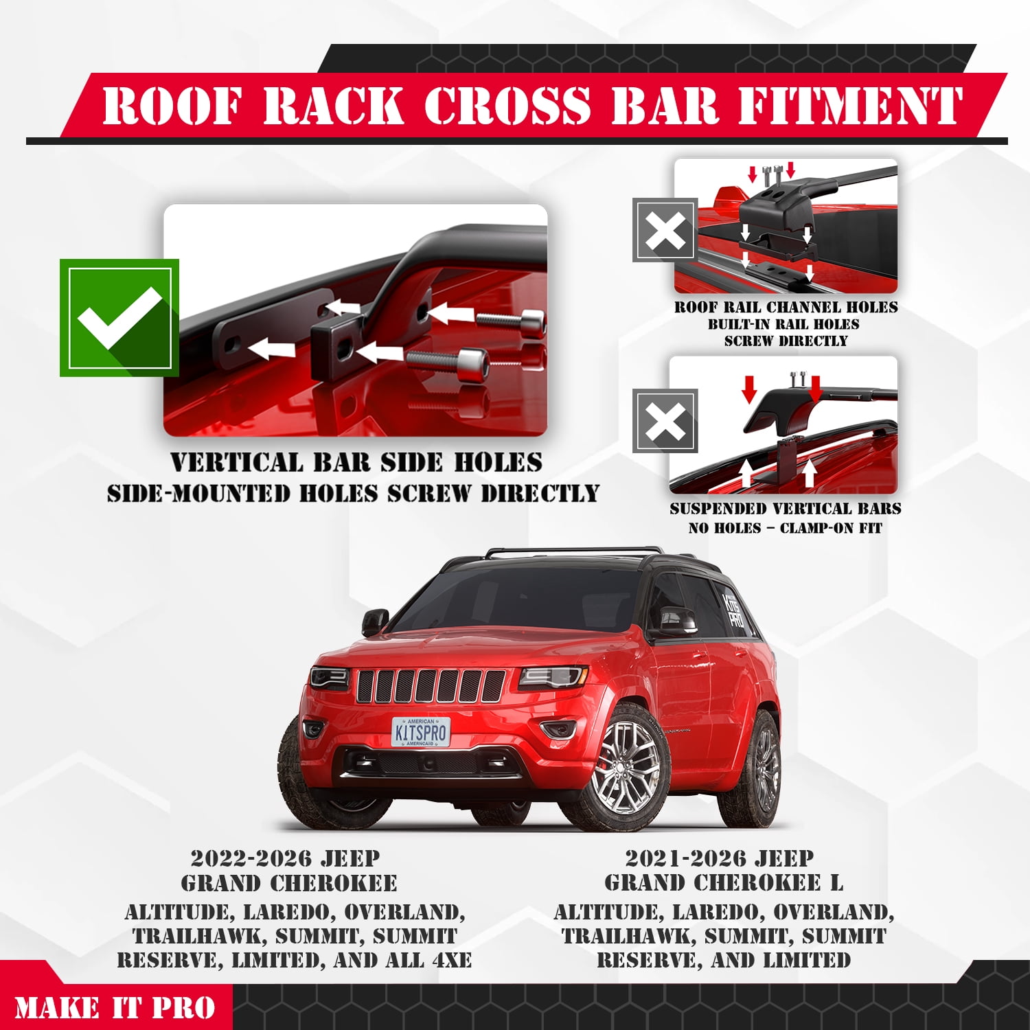 KitsPro 260lb Roof Rack Cross Bars for 2022-2026 Jeep Grand Cherokee, 2021-2026 Grand Cherokee L, Matte Black Heavy Duty Aluminum Cargo Crossbar (ONLY FIT Factory Flushed Side Rails)