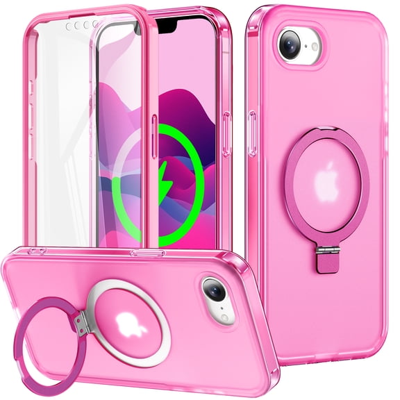 Dteck for iPhone 16e Magnetic Case with Invisible Ring Stand, Translucent Protective Cover with Built-in Screen Protector,Rose