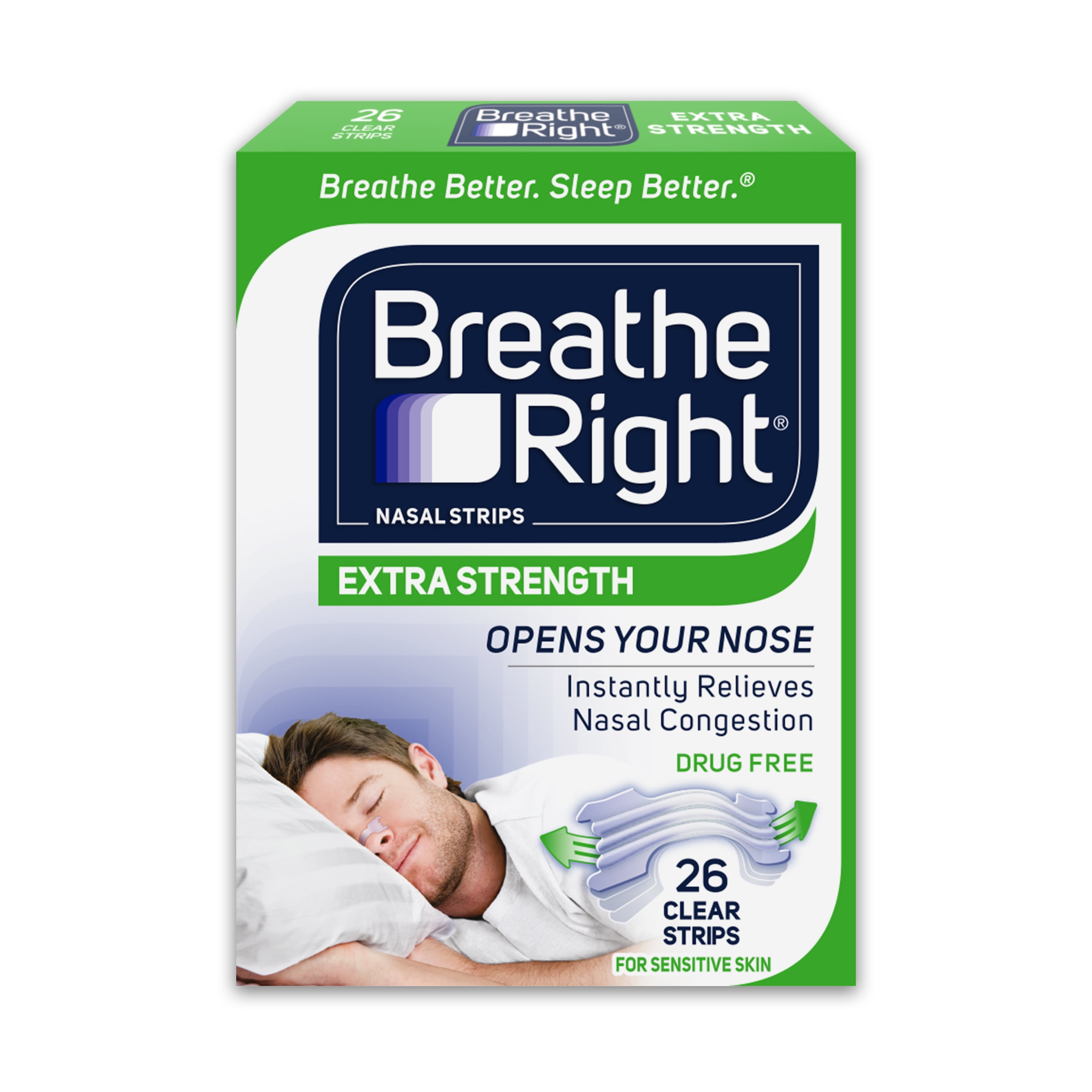 Breathe Right Nasal Strips, Extra Strength, Clear Nasal Strips, For Sensitive Skin, Help Stop Snoring, Drug-Free Snoring Solution & Nasal Congestion Relief Caused by Colds & Allergies, 26 Ct.