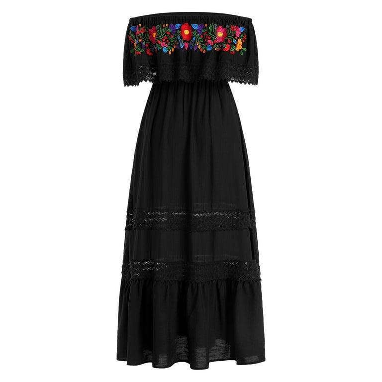 IBTOM CASTLE Women's Summer Floral Print Mexican Dress Off Shoulder Beach  Holiday Party Long Maxi Gowns XL Black - Walmart.com