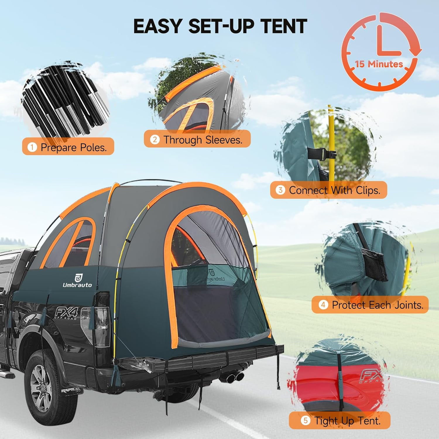 Umbrauto 5.5-6ft Truck Bed Tent, PU3000mm Waterproof 2-Person Pickup Camper Tent, Green & Orange