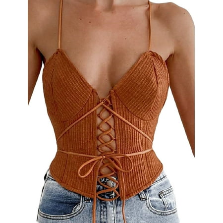 

Yuemengxuan Women Sexy V Neck Sleeveless Spaghetti Strap Cross Tie Up Crop Cami Tops