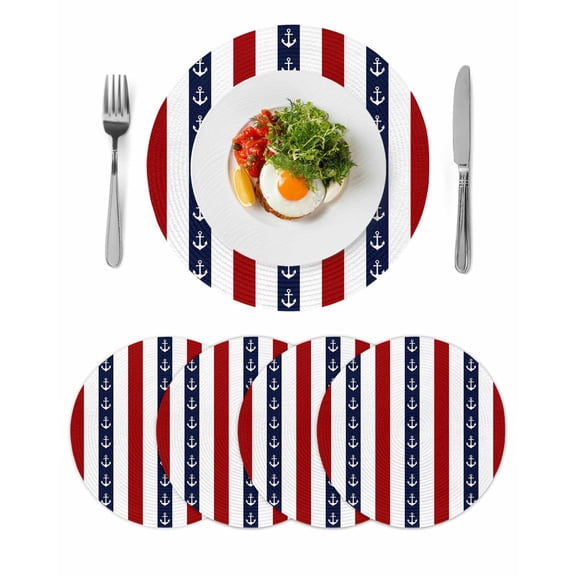 Nautical Anchor Round 15 Inch Placemats Set of 4, Red Navy Blue White Stripe Geometric HeatResistant Non Slip Place Mats for Dining Table, Wipeable Braided Kitchen Table Mats for Housewarming