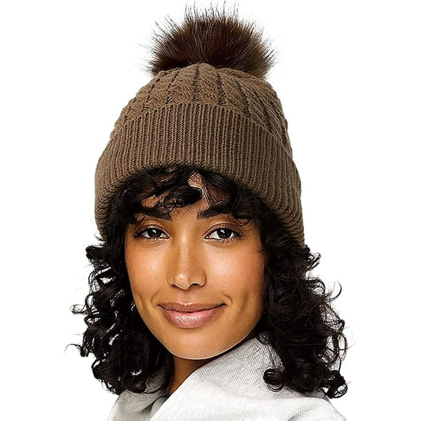 Bonnet en tricot torsadé pour femme en satin d'hiver, doublé, bonnet à  revers, avec pompon amovible en fausse fourrure, bonnet chaud doublé soyeux  