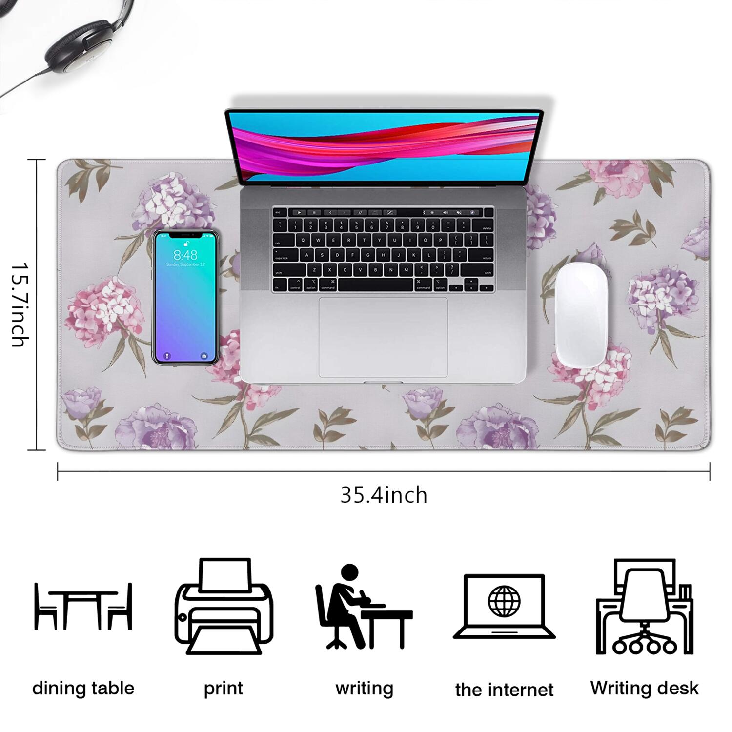 Long Mouse Pads for Desk,Pioneer Flower Floral Print Pattern Desk Mats on Top Of Desks, Desk Mouse Pad Extra Large with 3mm Non-Slip Base and Stitched Edge for Gaming,Office,Work,Home 35.4"x15.7"