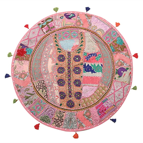 Stylo Culture Indian Round Floor Pillow Vintage Patchwork Cushion Cover Baby Pink 28x28 Decorative Decor Seating Tuffet Seat Pouf Cover Footstool Cotton Embroidered 1 Pc