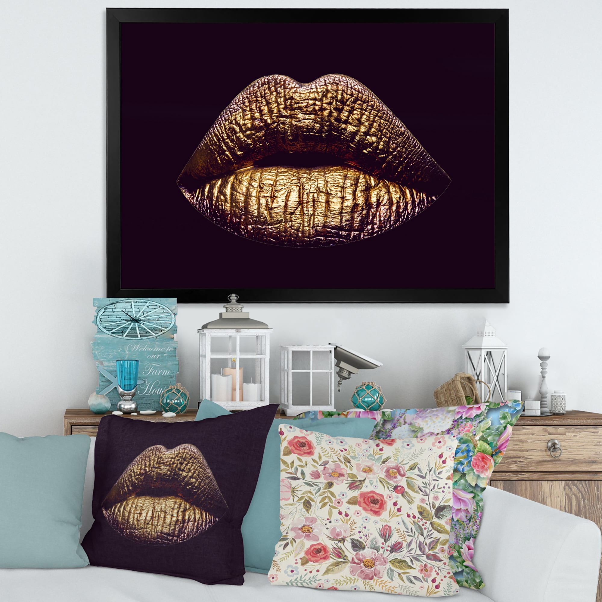 Designart 'Sexy Golden Metallized Woman Lips II' Modern Framed Art Print
