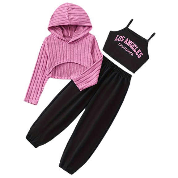 BOOMNY Girls Outfit 3 Peice Sets Letter Graphic Long Sleeve Hoodies Pants With Tops Sets for Kids Soft Clothing Set