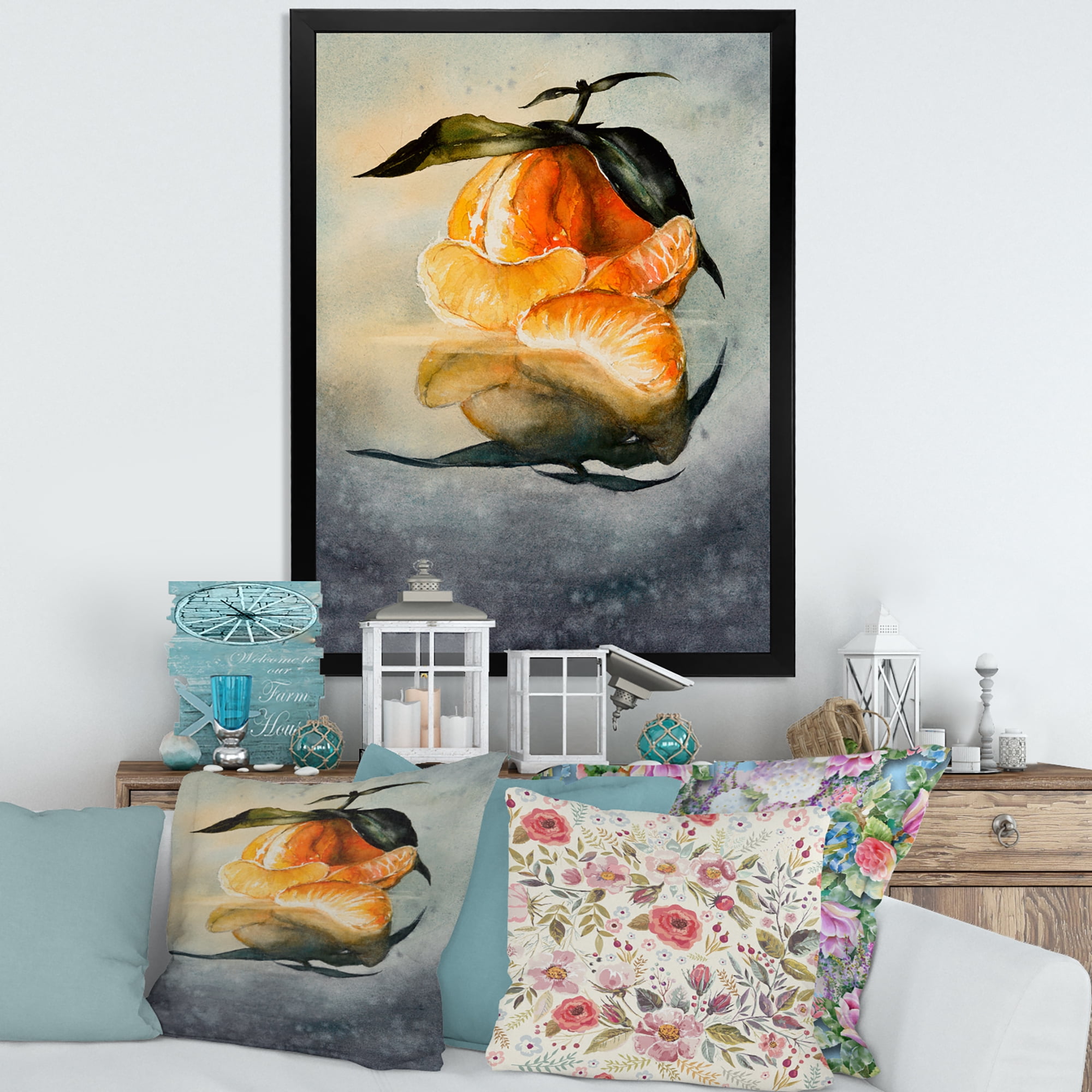 Designart 'One Peeled Fresh Orange Mandarin Under Green Leaves' Traditional Framed Art Print
