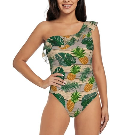 Coaee Pineapples Palm Leaves Women s One Piece Swimsuits One Shoulder Swimwear Asymmetric Ruffle Monokinis Bathing Suits - XX-Large