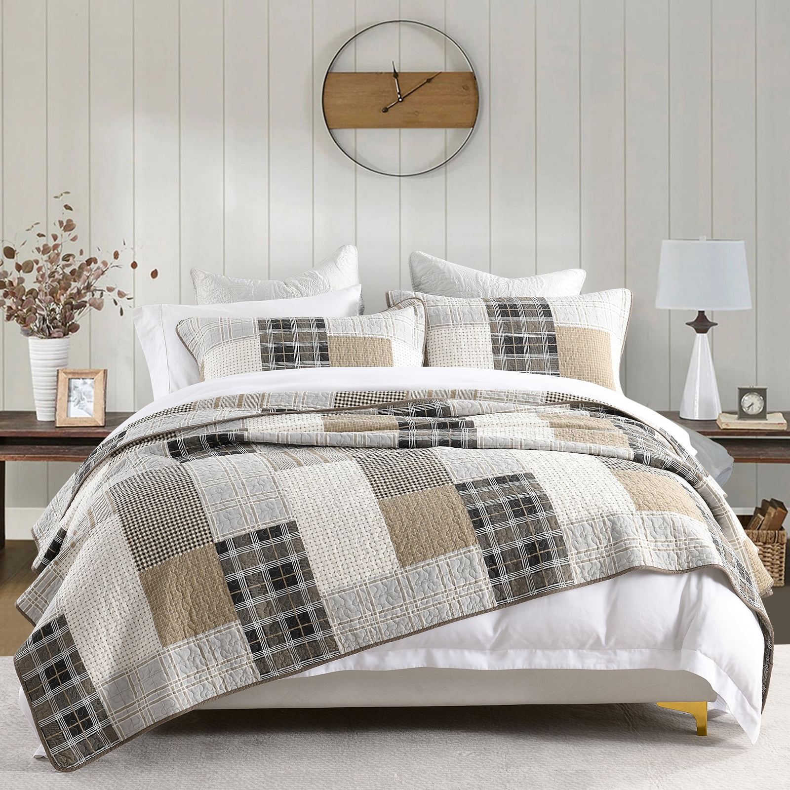 DDUOXIN Queen Size Quilt Set - 100% Cotton Beige/Brown Patchwork Plaid Farmhouse Quilt for Queen Bed, Lightweight Winter Quilt Reversible Thin Comforter Set with 2 Pillow Shams, 3-Piece 98"x90"