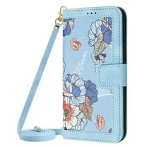 ELEHOLD Wallet Case for iPhone 15 Pro Premium Leather Flower Floral Pattern with Card Slots Kickstand Function Crossbody Shoulder Strap Wriststrap Lanyard Folio Wallet Case,blue
