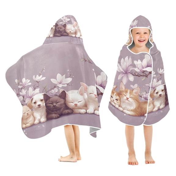 BZSMCE Towels Kids Hooded Beach Towel Kittens and Puppies with Flowers Pool Bath Towel Soft