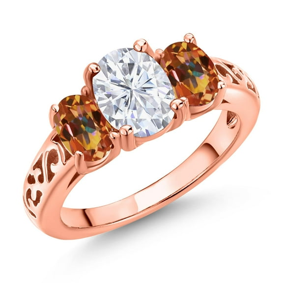 Gem Stone King 18K Rose Gold Plated Silver White Moissanite and Ecstasy Mystic Topaz Filigree Style 3 Stone Ring for Women (2.50 Cttw, Oval 8X6MM and 6X4MM) (Size 9)