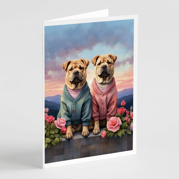 Shar Pei Two Hearts Greeting Cards Pack of 8 7 in x 5 in