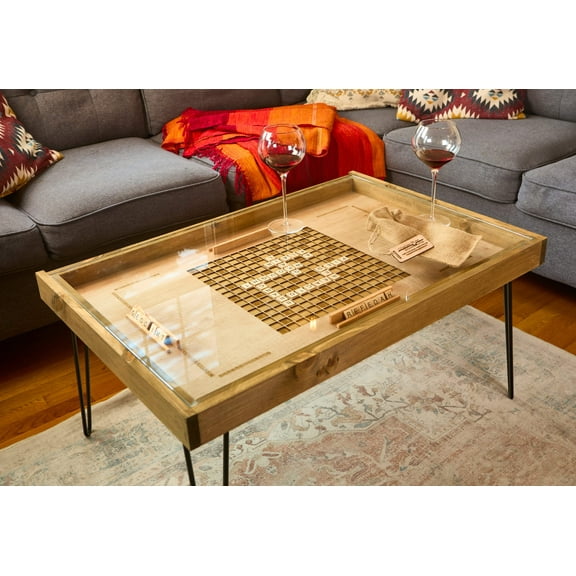 Rustic Scrabble Coffee Table with removable glass top - 25x37" - letter tiles included. 100% Made in the USA.