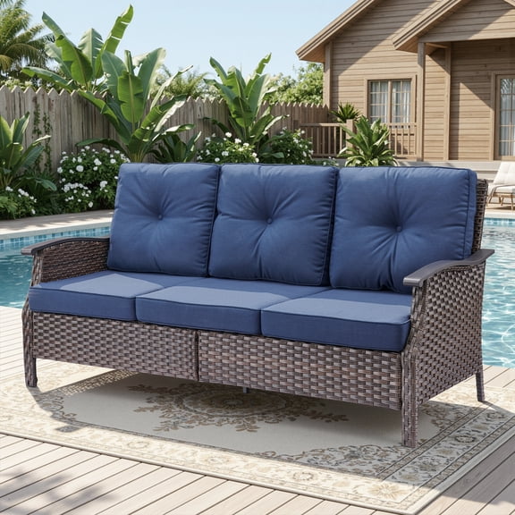 Opohoro 73" Outdoor Patio Wicker 3-Seat Couch, Brown PE Rattan Patio Furniture Sofa with Steel Armrests and Blue Cushions for Porch or Backyard