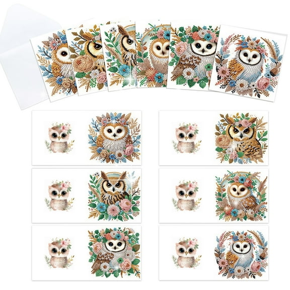 6pcs Diamond Painting Kit Greeting Card, Owl 5D DIY Diamond Handmade Holiday Greeting Card with Envelope, Christmas Gift Congratulation