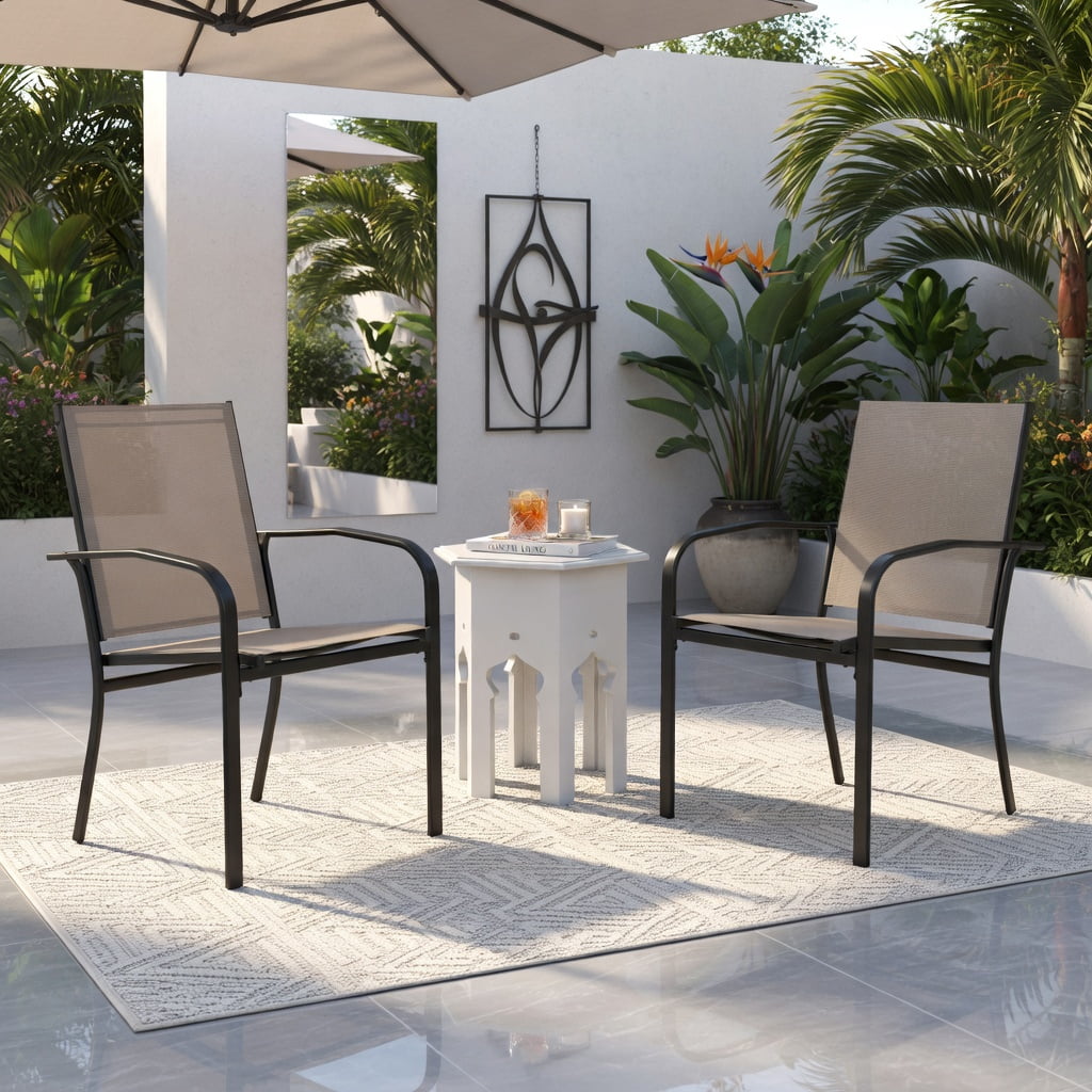Hommoo 2-Pack Outdoor Dining Chairs, High-Back Metal Patio Chairs with Ergonomic Lumbar Support, Stackable & Weather-Resistant Fabric, Light Brown