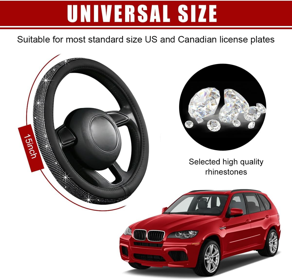 Bling Car Steering Wheel Cover, Sparkling Crystal Rhinestone Auto Wheel Protector, Anti Slip Cover Fit 15 Inch Steering Wheel for Women Girls, Universal Car Accessories (Black)