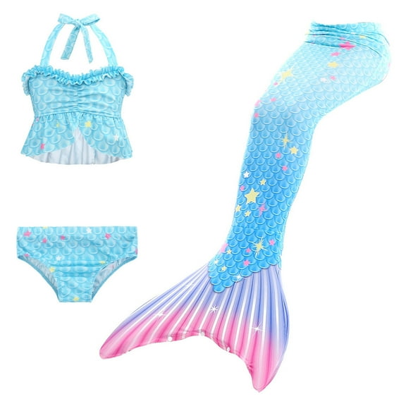 RUTAYY Girls Swimwear Bikini Swimsuit Three Piece Sun Protection Swimwear, Sky Blue, 6-7 Years