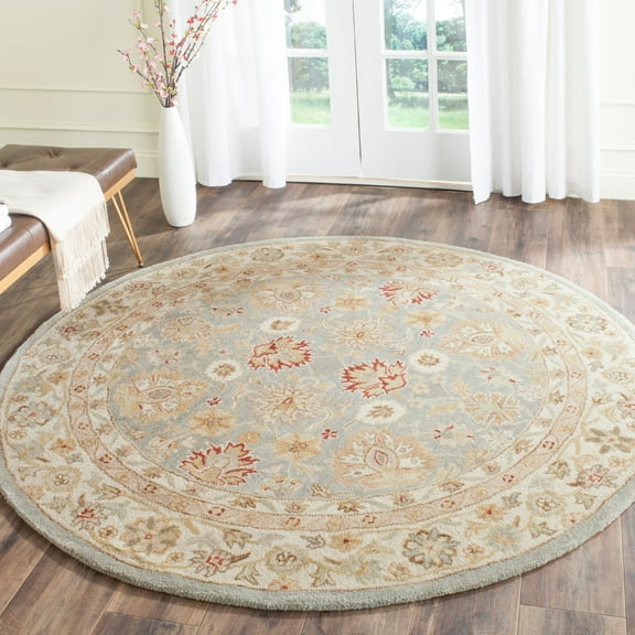 SAFAVIEH Antiquity Lorraine Floral Bordered Wool Area Rug, Grey Blue/Beige, 3'6" x 3'6" Round
