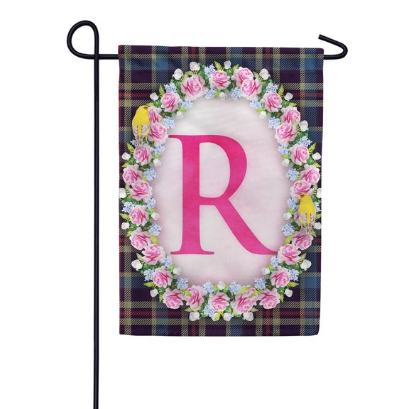 America Forever Spring Monogram Garden Flag Letter R 12.5 x 18 inches Double Sided Vertical Outdoor, Yard, Lawn, Seasonal Decorative Yellow Flowers, Pink Rose, Floral Wreath Garden Flag