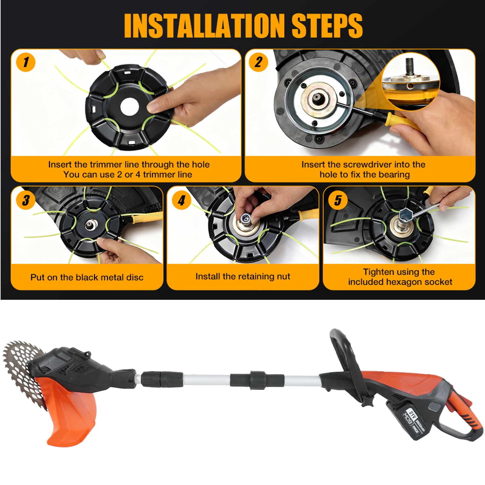 SUSUZI 21V Cordless Weed Wacker, 10in 3-in-1 Grass Trimmer with Adjustable Length & 3 Blades for Lawn & Garden, Red Black