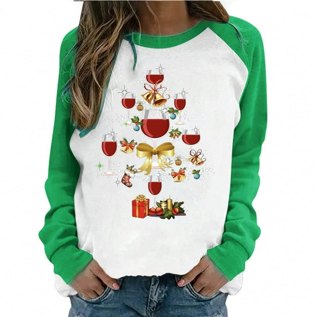 Tops Para Mujer Camisas de Manga Larga Otoño Primavera Patchwork Navidad Impreso Cuello Redondo Camiseta Casual Odeerbi ODB151482