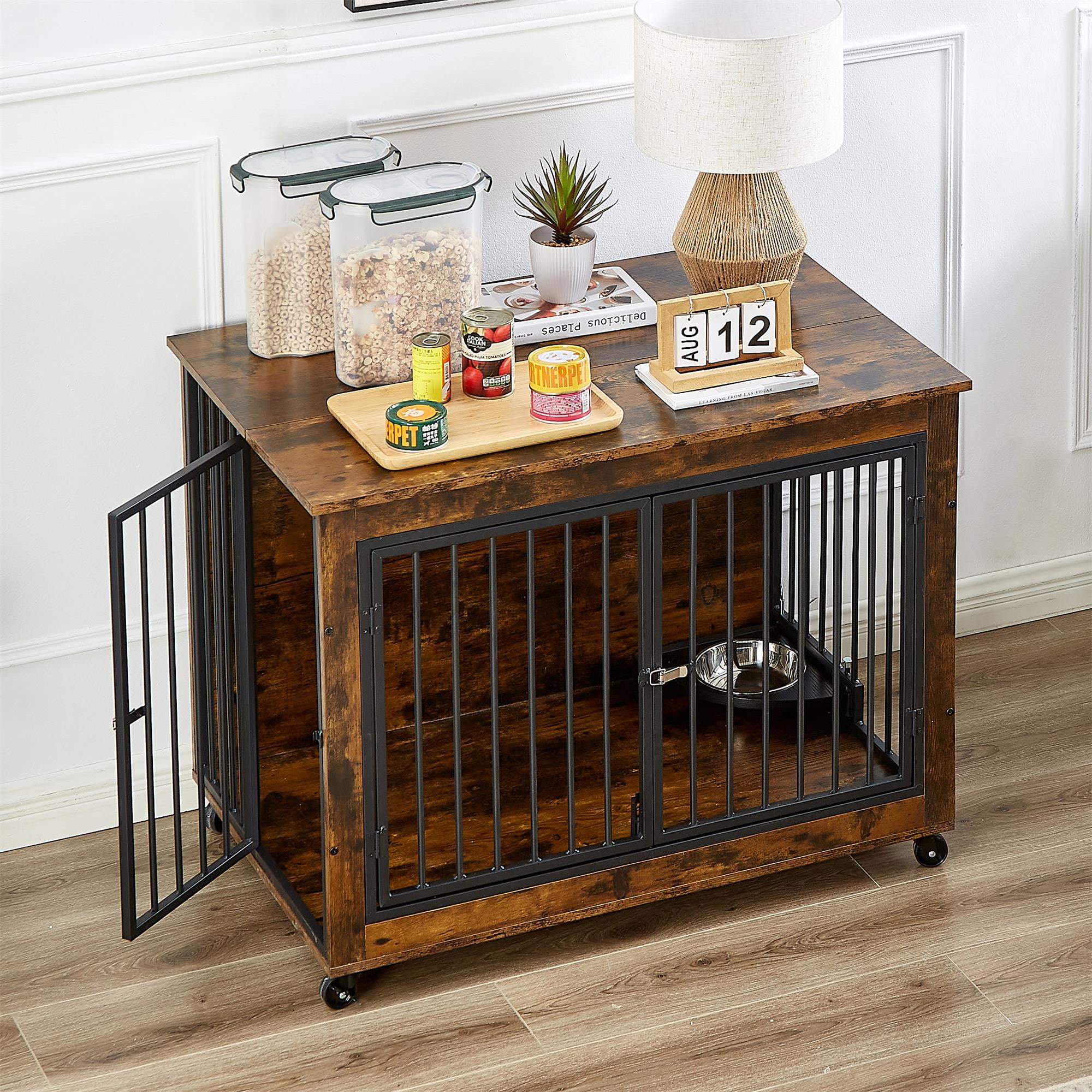 Pefilos 38" Furniture Style Dog Crate with Rotatable Feeding Bowl, Wheels, Three Doors Kennel, Indoor Dog Cage Flip-Up Top Opening, Brown Pefilos 38" Furniture Style Dog Crate with Rotatable Feeding Bowl, Wheels, Three Doors Kennel, Indoor Dog Cage Flip-Up Top Opening, Brown