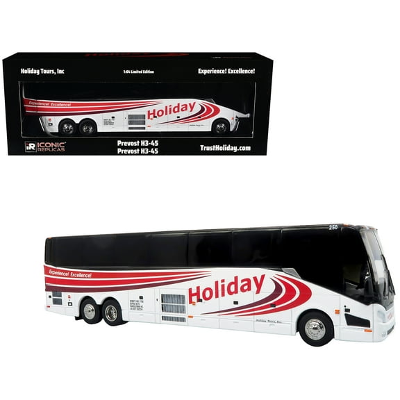 Prevost H3-45 Coach Bus "Holiday Tours" White with Red Graphics Limited Edition 1/64 Diecast Model by Iconic Replicas