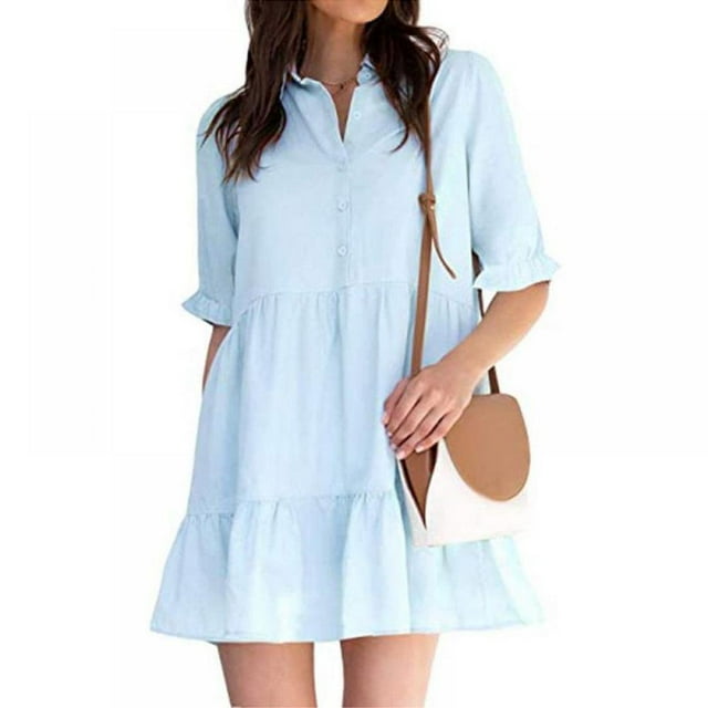 PENGXIANG Robe d'Été pour Femmes Manches Courtes Bouton Manches à Volants Col Mini Robe Couleur Unie Coupe Ample Robe Plissée Fluide