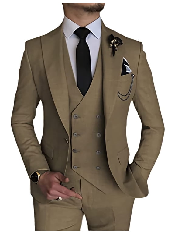 3 Piece Mens Linen Suit Slim Fit for Wedding Suit for Men Groosmen Prom Linen Jacket Pant Set Khaki XXL